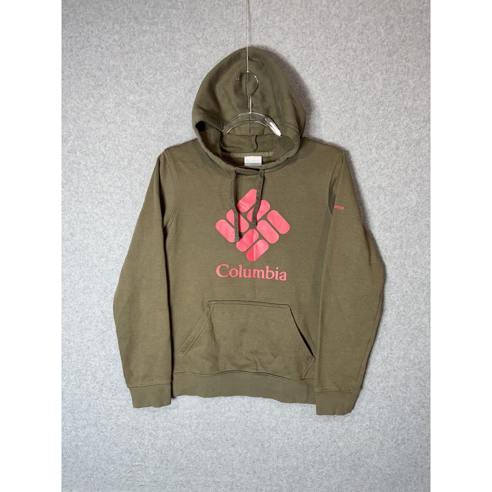 Columbia Hoodie Womens Small Olive Green Pink Logo Pullover Sweatshirt Outdoors